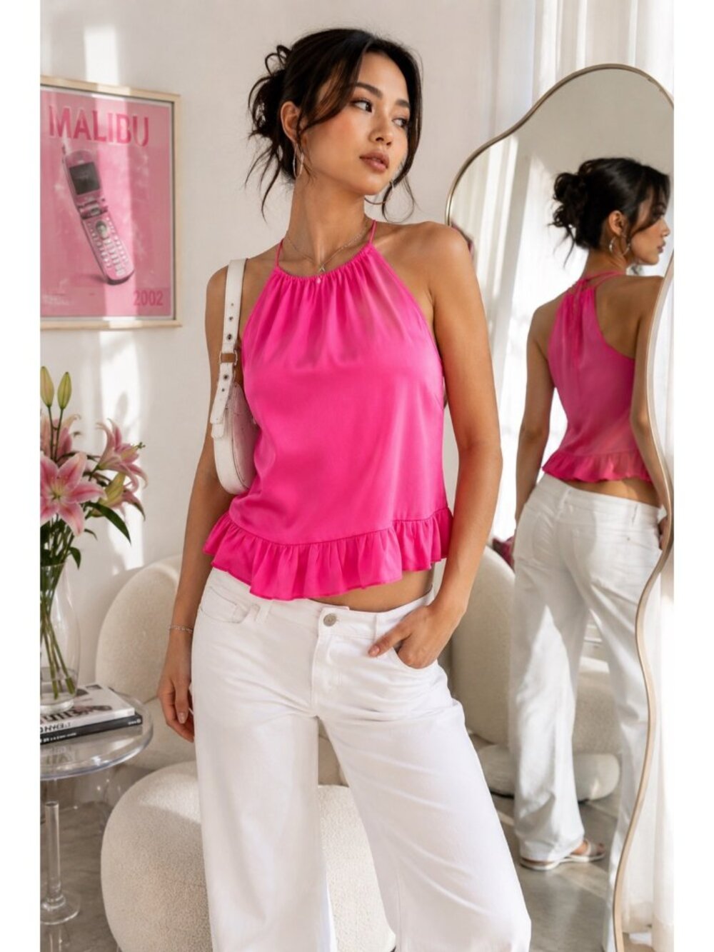 Lilly Pulitzer Pink Silk Halter Top Ruffle Hem Tie Neck Blouse Women’s S